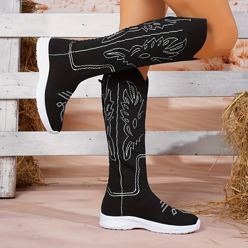 Women's Knee-High Winter Boots Fabric Snowflake Heel Cold Weather Footwear
