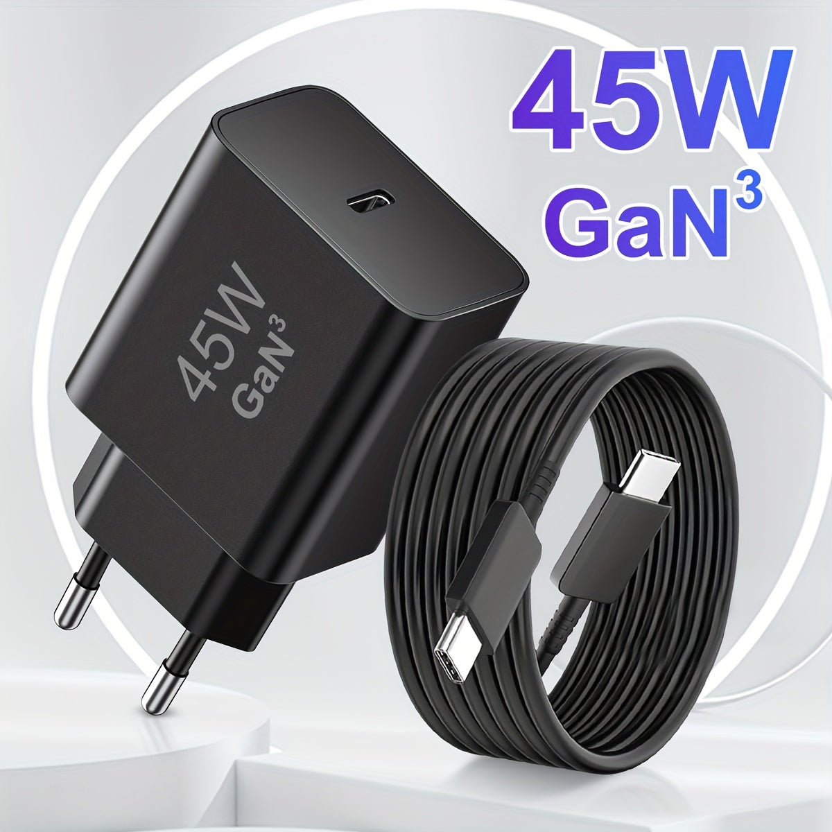 45W Fast Charging GAN USB C Charger with 2m Cable for Samsung Phones Black