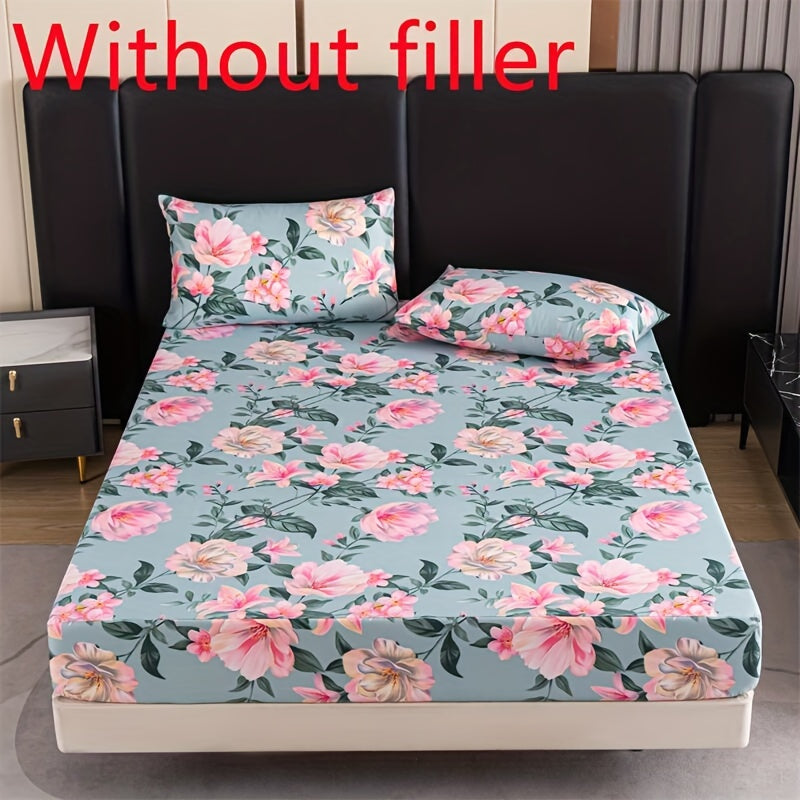Printed Polyester Fitted Sheet Set with 2 Pillowcases Floral Pattern Bed Covering