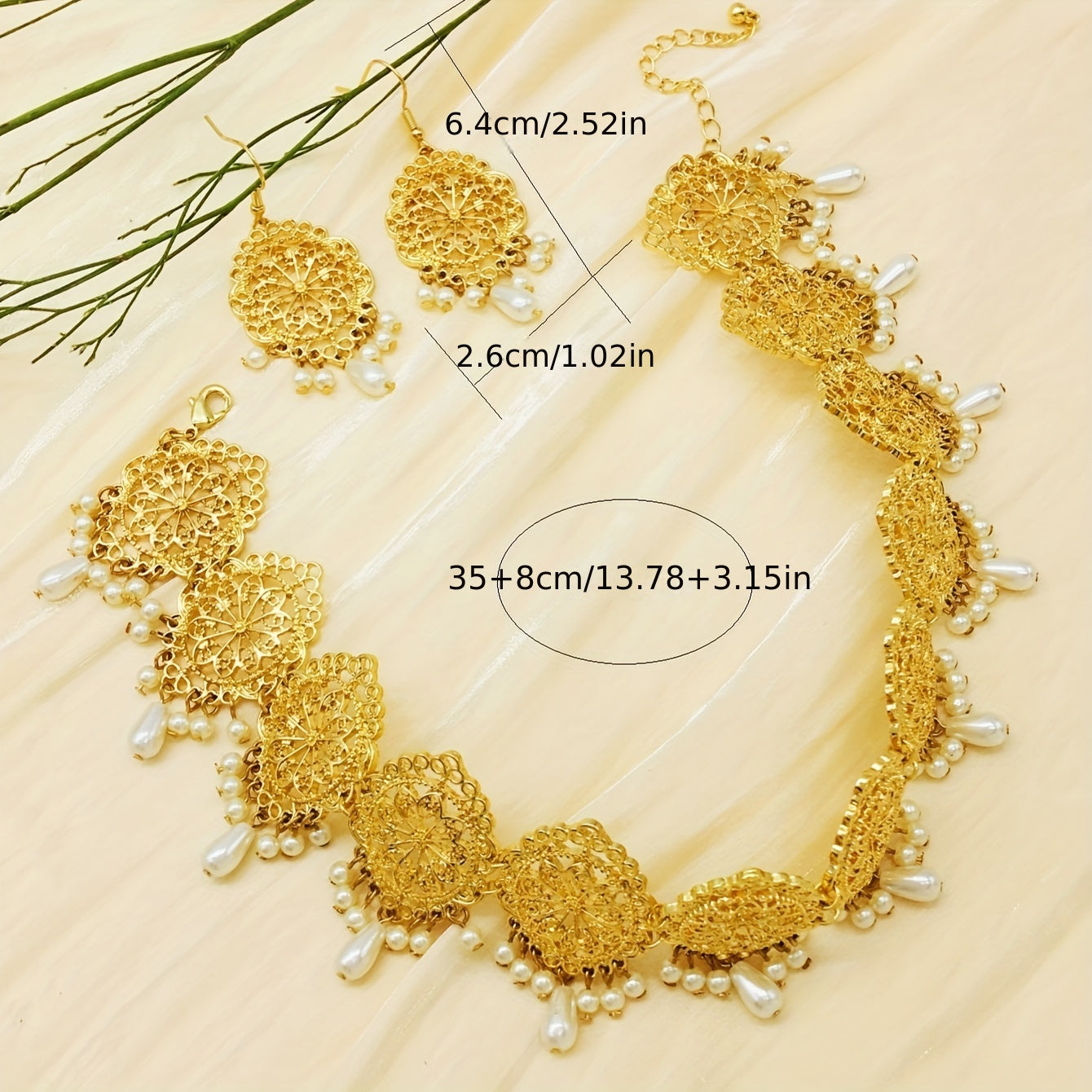 Indian-Inspired Jewelry Set 3-Piece Gold-Tone Necklace and Earrings with Pearl Drops