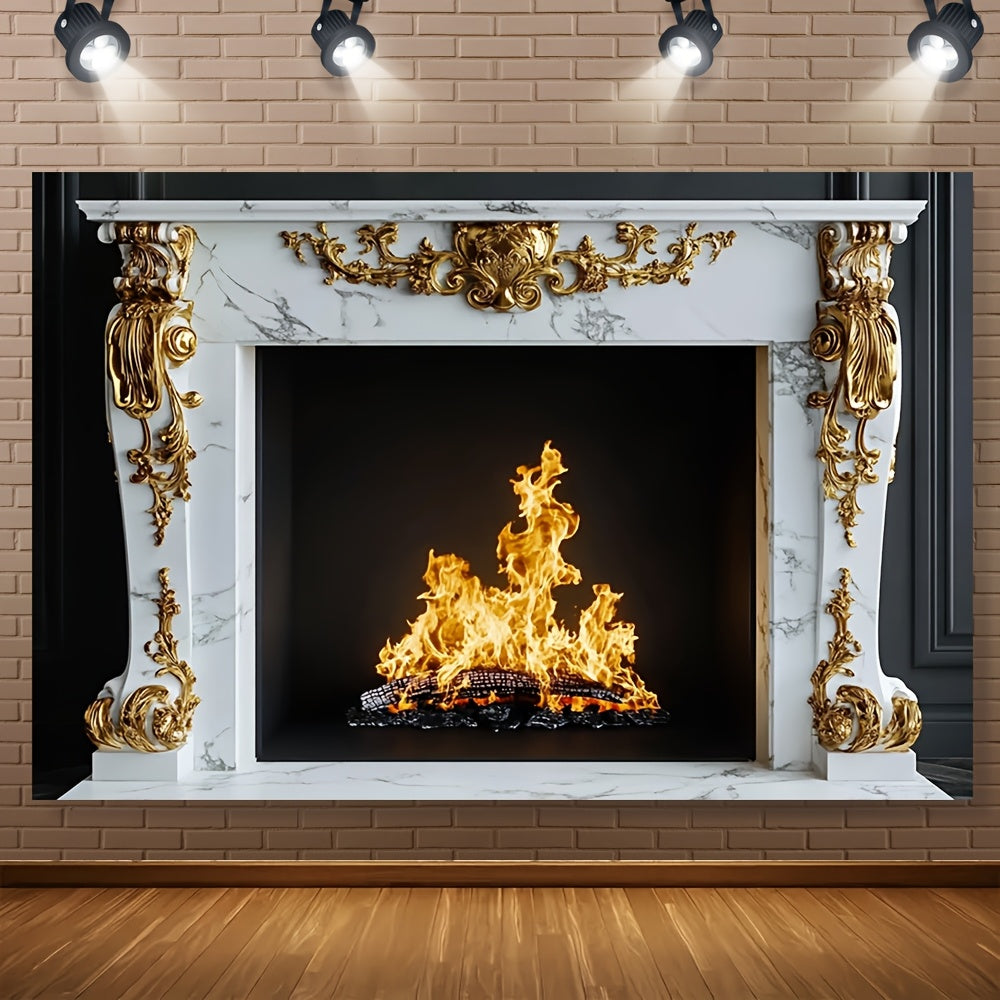 White Marble Fireplace with Gold Baroque Details for Photoshoots and Decor