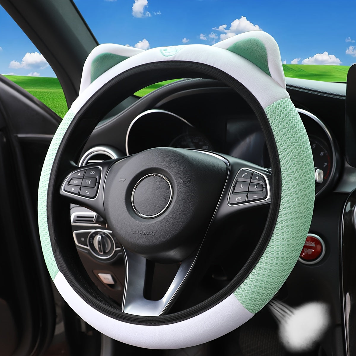 Cute Pink White Cat Steering Wheel Cover Breathable Mesh Stretchable Car Accessory