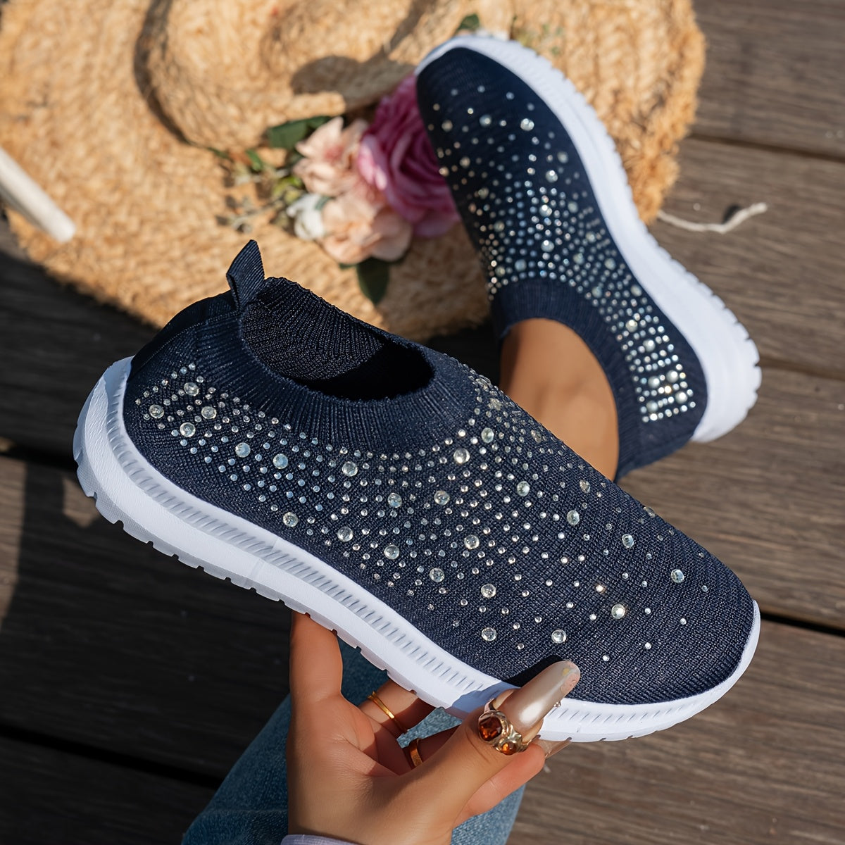 Women's Breathable Slip-On Casual Sneakers with Sparkling Crystal Accents