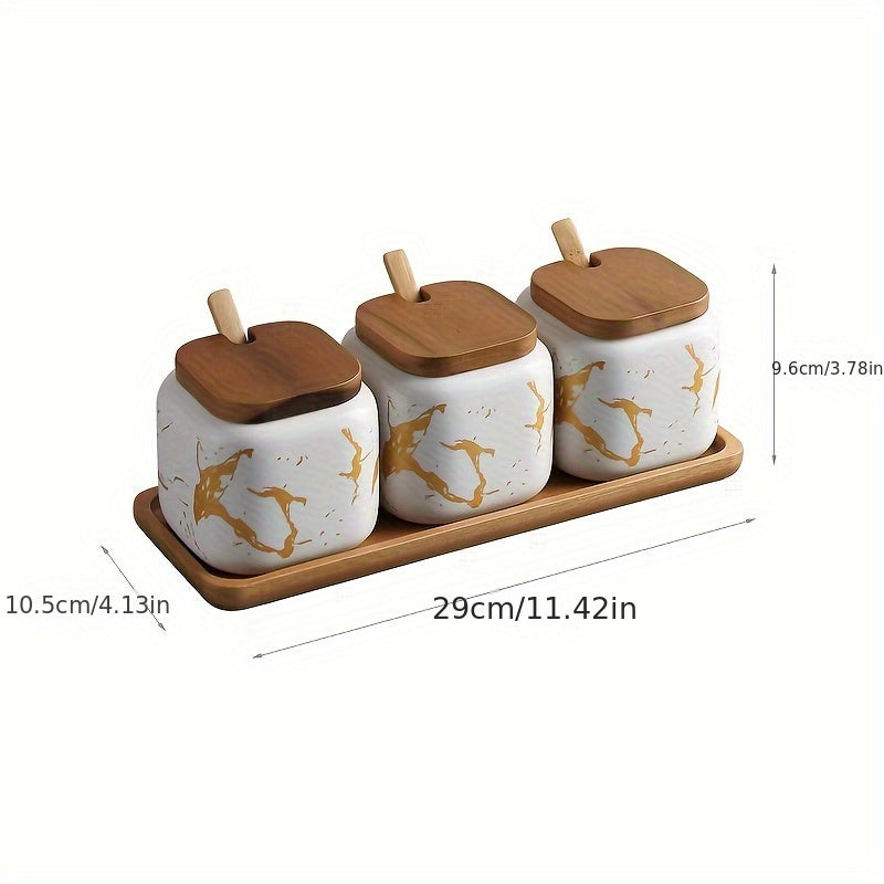 Ceramic Spice Set with Salt and Pepper Jars and Wooden Lids for Kitchen Decor