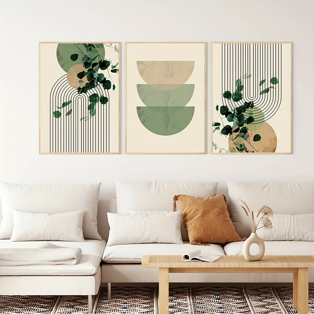 Set of Three Eucalyptus Leaf and Geometric Wall Art Prints for Living Room Decor
