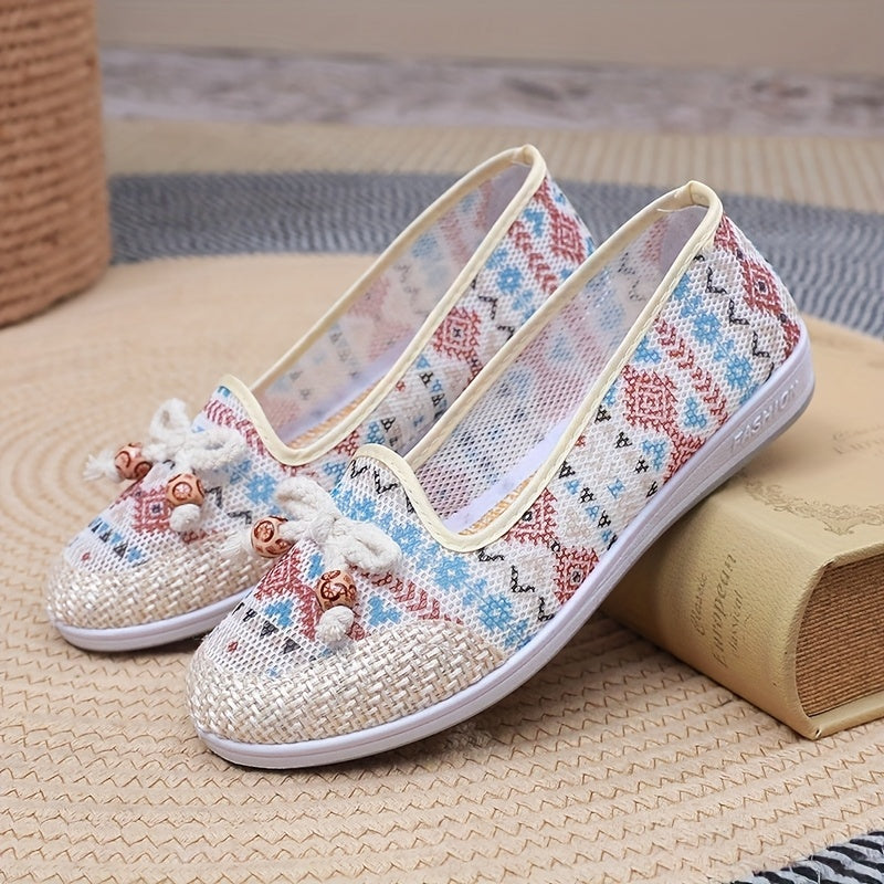 Zapatos planos de verano para mujer, zapatillas transpirables sin cordones, azul y blanco, floral étnico