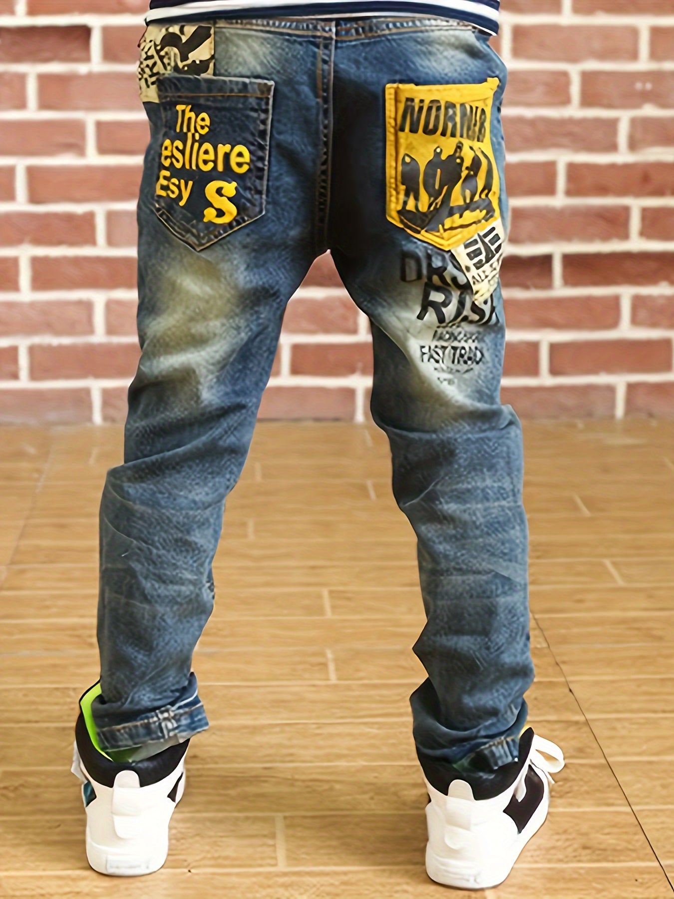 Kids' Vintage Denim Jeans with Colorful Letter Prints Elastic Waist Long Pants for Spring Fall