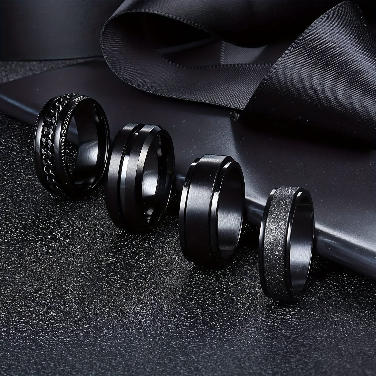 Black Rotating Rings for Men, Minimalist Stylish Jewelry with Concave Grooves