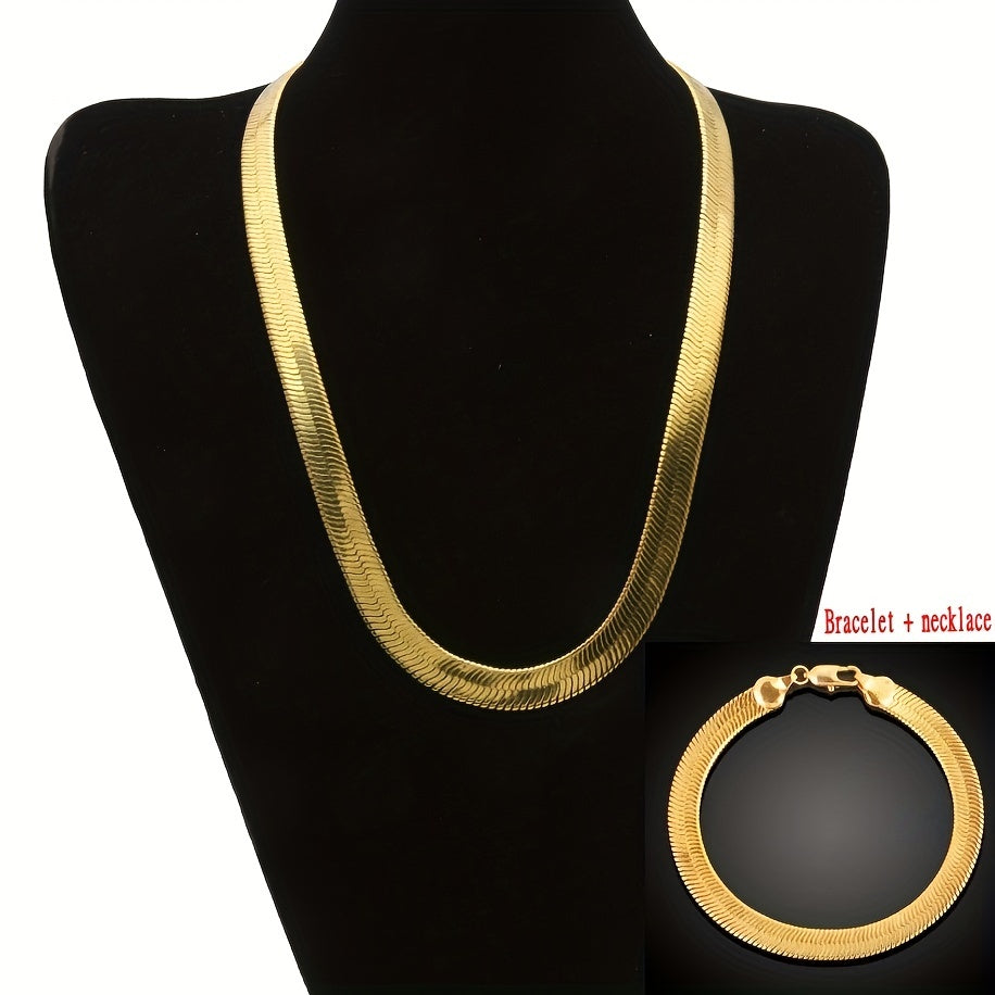 Men's Gold-Tone Flat Herringbone Necklace and Bracelet Set Jewelry Accessories