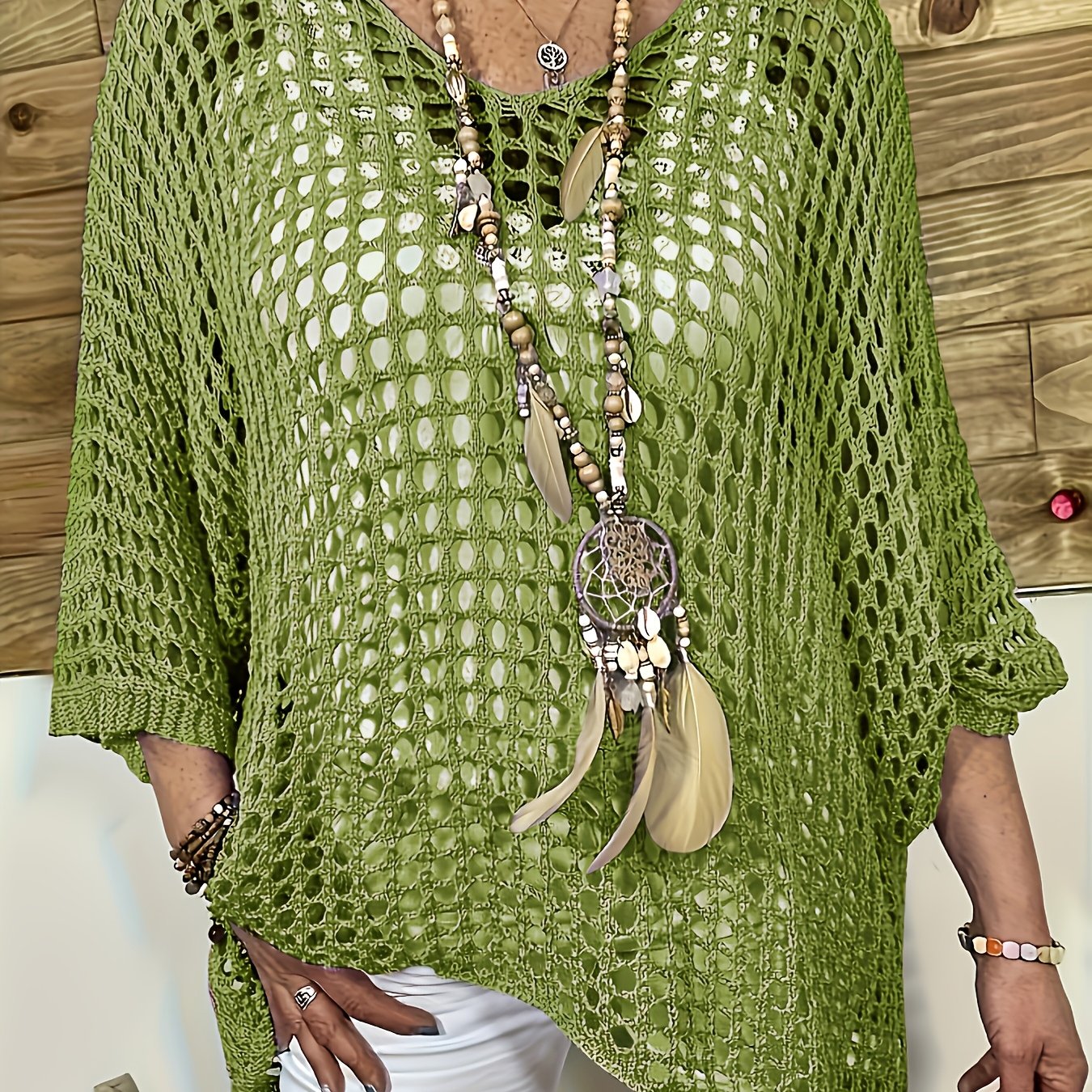 Women's Knitted V-Neck Casual Three-Quarter Sleeve Plus Size Top