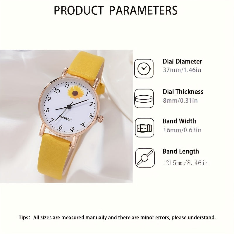 Set of 2 Women's Daisy Flower Design Watches with Leather Straps and Matching Bracelets