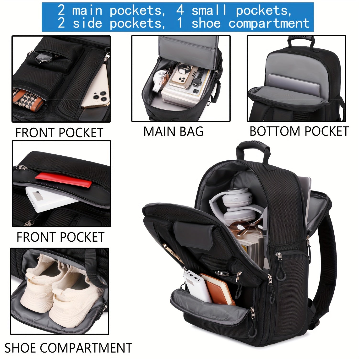 Unisex Travel Backpack with Laptop and Shoe Compartments Polyester Casual