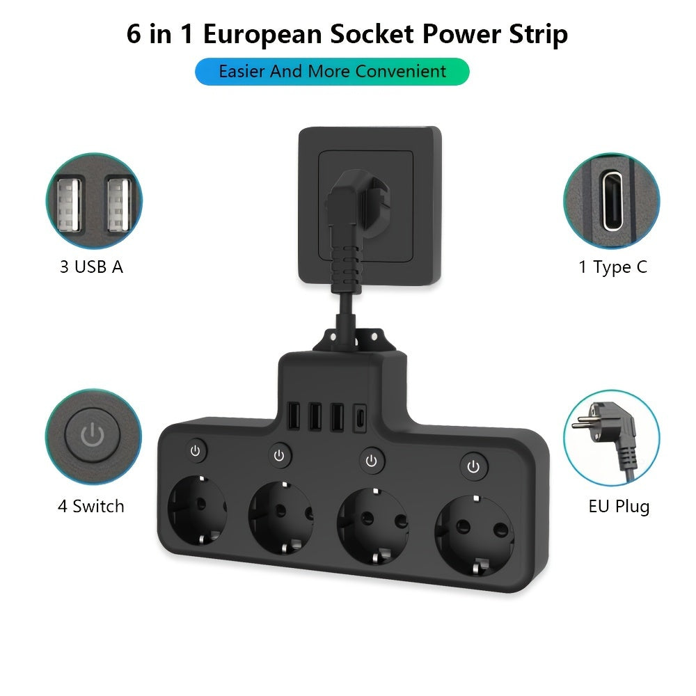 Multifunctional Power Strip with 4 Sockets 3 USB Ports Type-C Surge Protection for Home Office