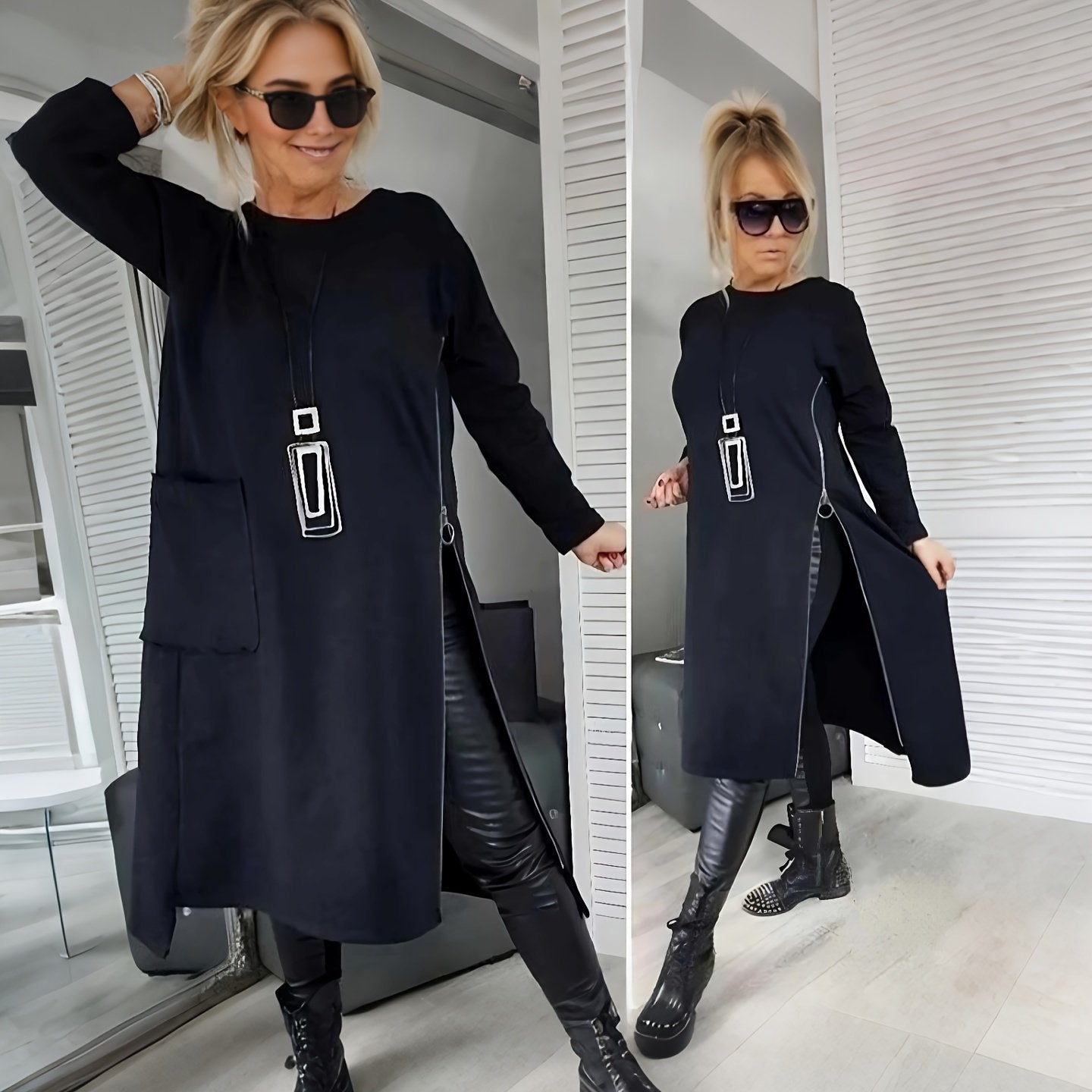 Plus Size White Pullover for Women with Slimming Effect and Asymmetrical Zipper