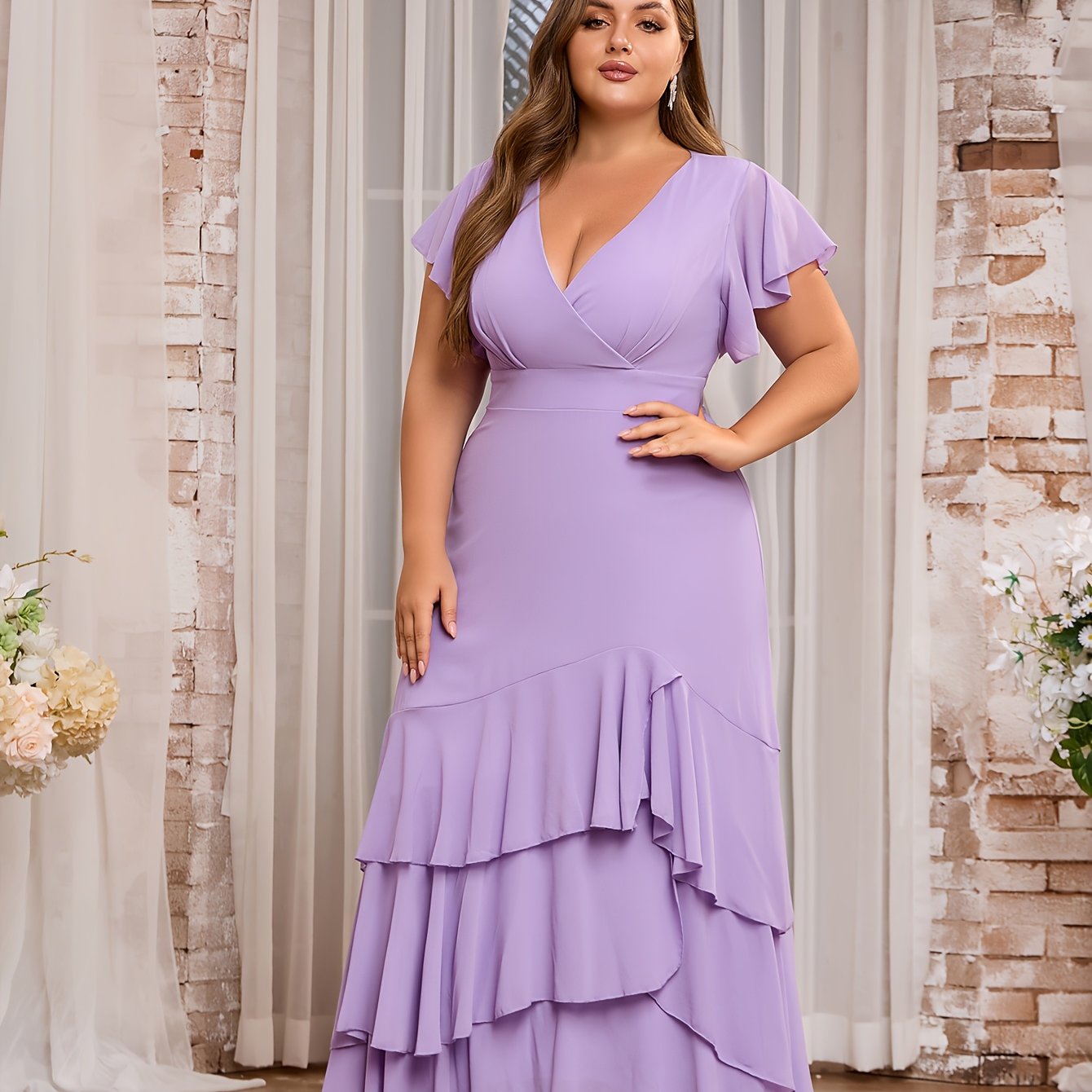 Vestido de talla grande con volante en el dobladillo, línea larga, manga flutter, para fiesta y glamour