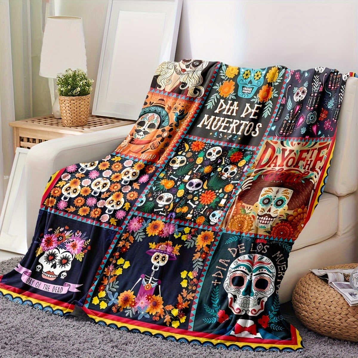 Vintage Dia de Muertos Printed Flannel Throw Blanket All-Season Stain Resistant