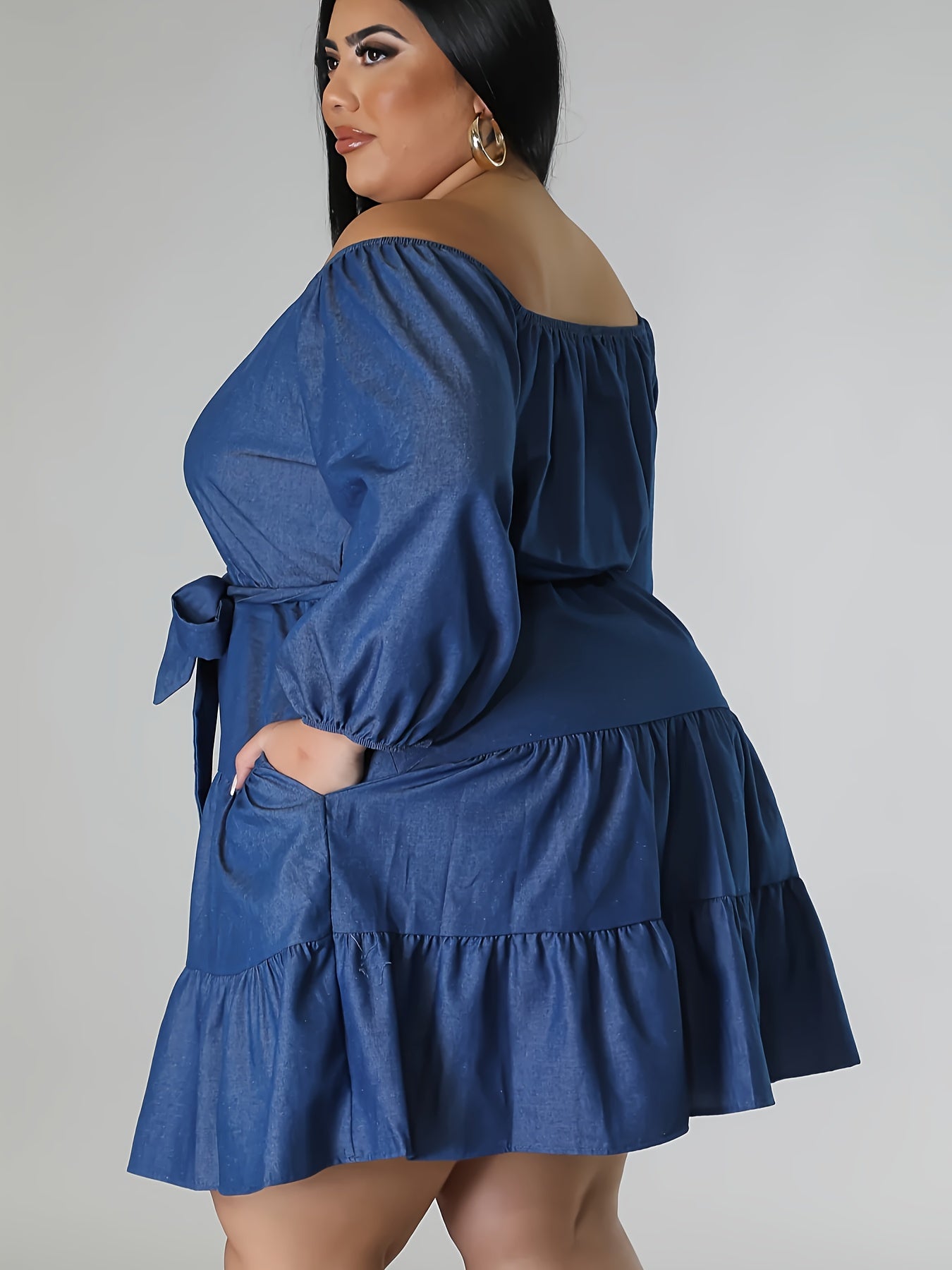 Plus Size Women's Denim Off-Shoulder Tiered Dress Casual Formal All-Season