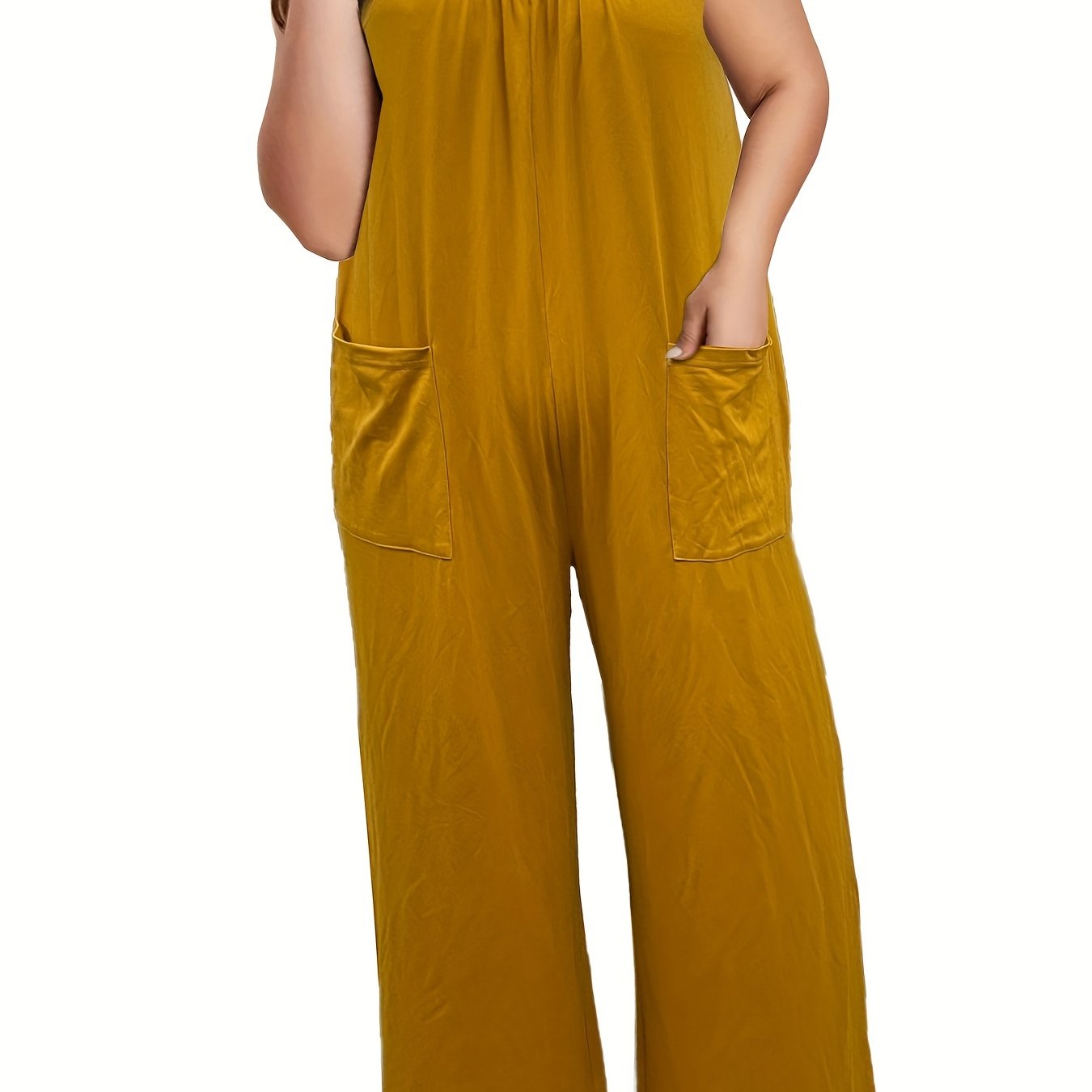 Plus Size Women's Casual Jumpsuit Solid T-Shirt Style Wide Leg With Pockets