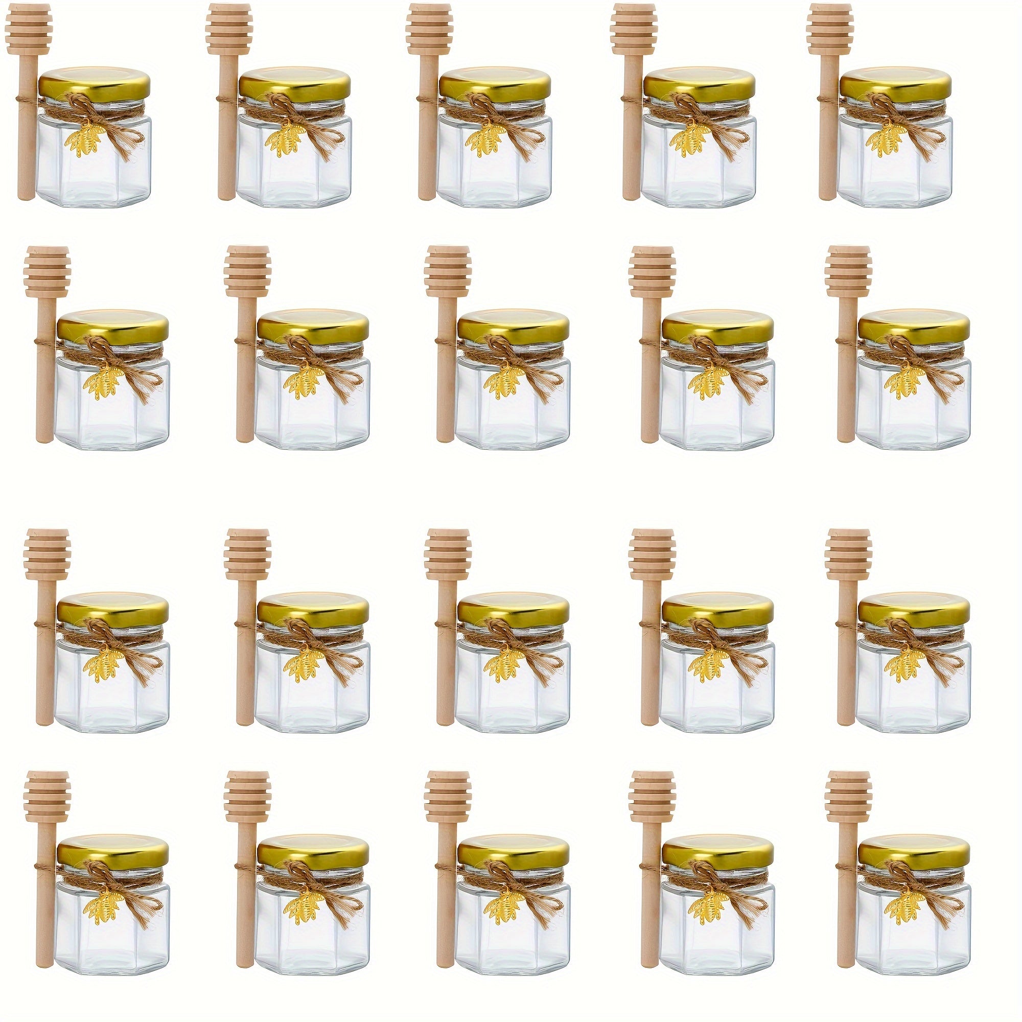 Hexagonal Glass Jar with Gold Lid and Wooden Bucket for Food Storage and Events