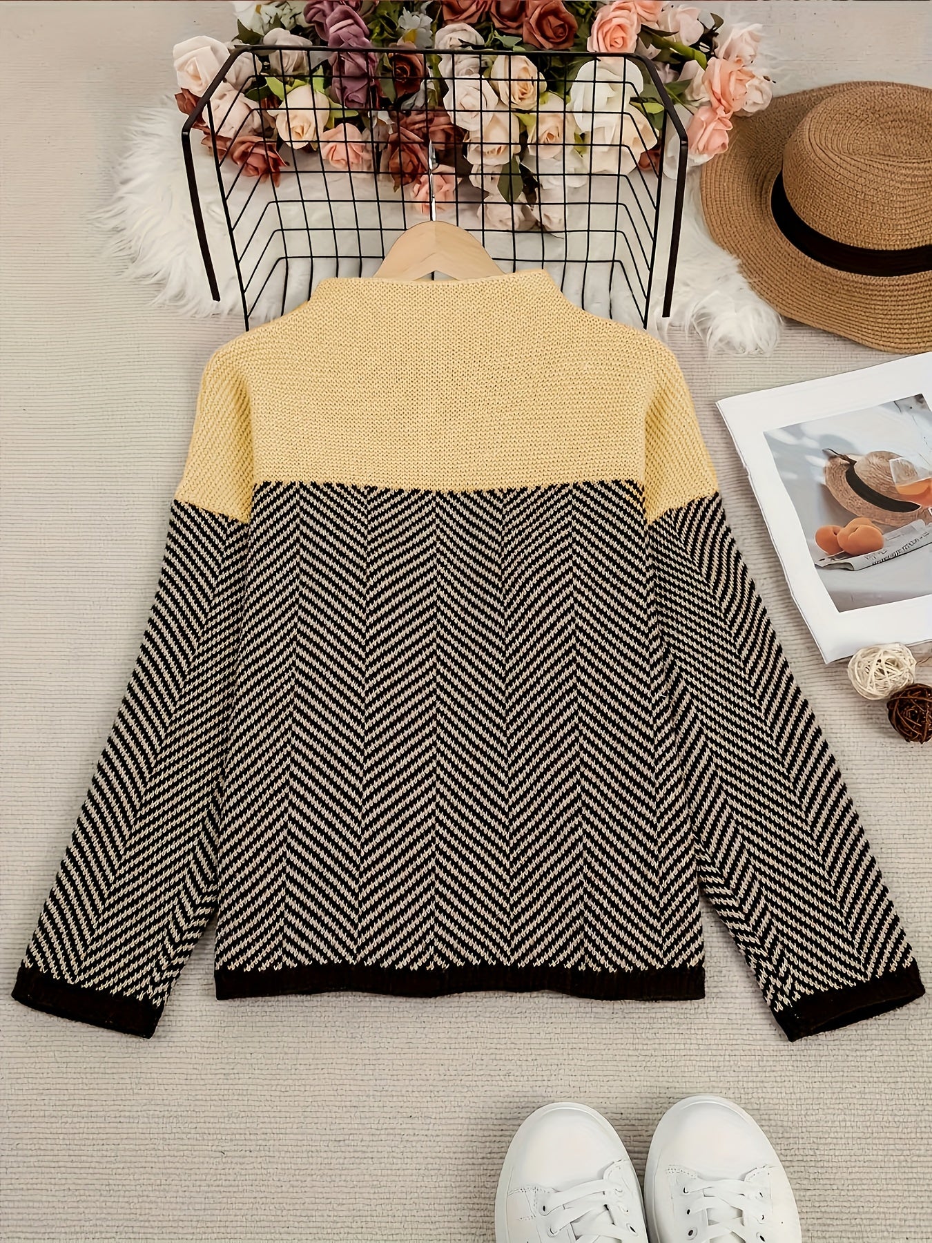 Plus Size Women's Color Block Sweater High Neck Long Sleeve Fall Winter Knit