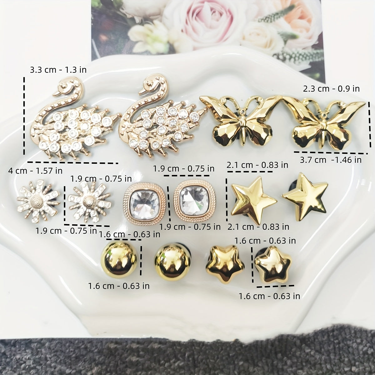 Women's Shoe Charms Set 16pcs Gold Butterfly Heart Rhinestone Snowflake