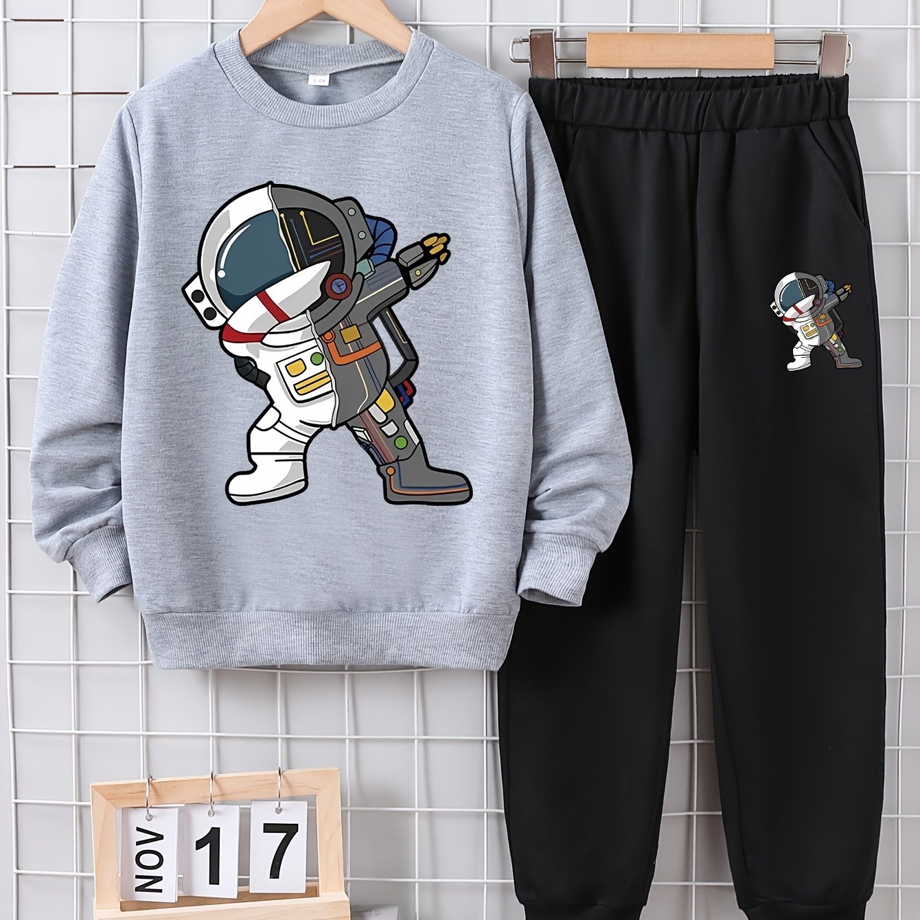 Boys' Astronaut Print Sweatshirt and Pants Set Loose Fit Color Block Spring Fall Outdoor Wear