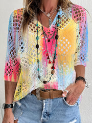 Cubierta bohemia para mujer con escote en V y mangas batwing con teñido tie-dye