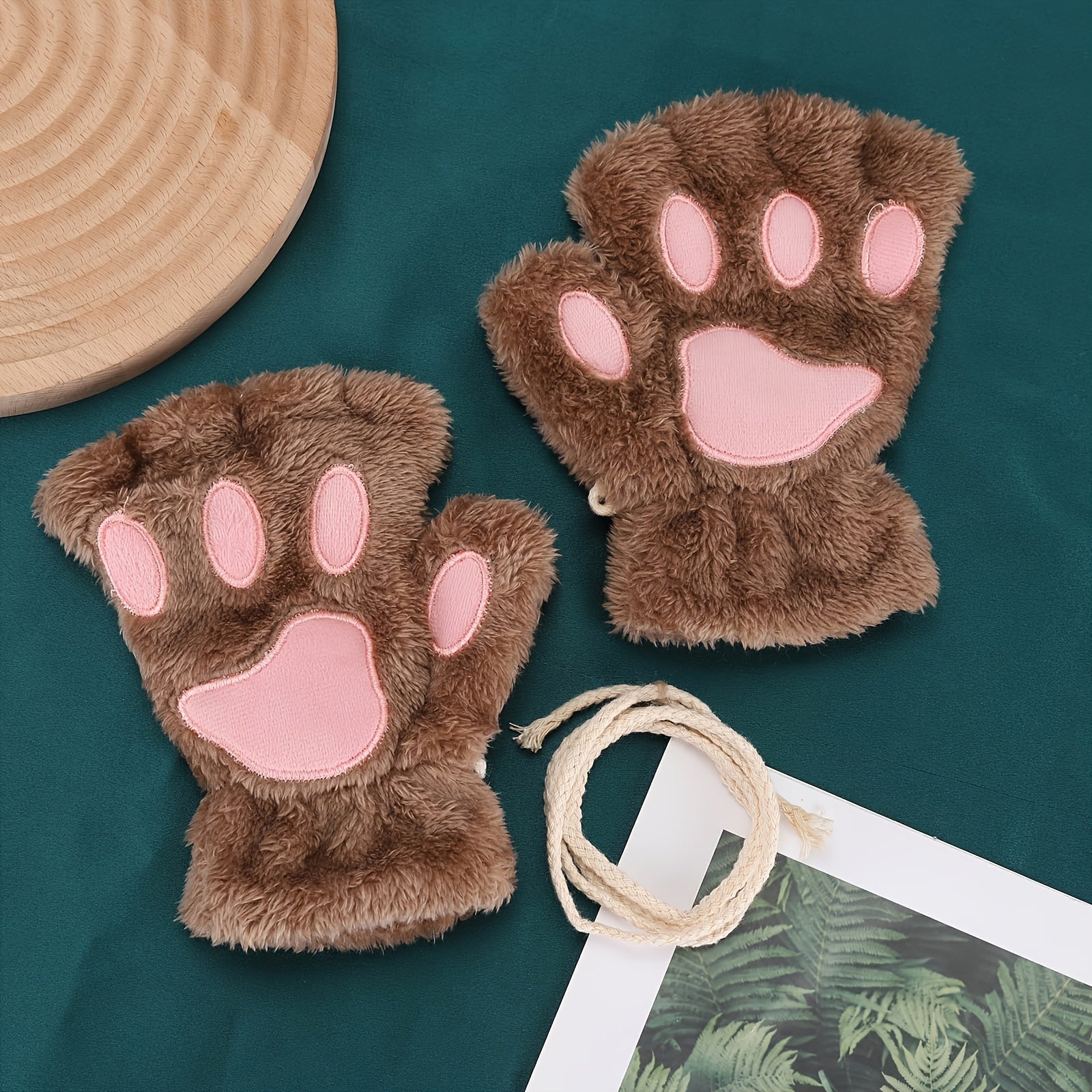 Kawaii Cat Paw Plush Gloves for Women Warm Fleece Half Finger Winter Autumn
