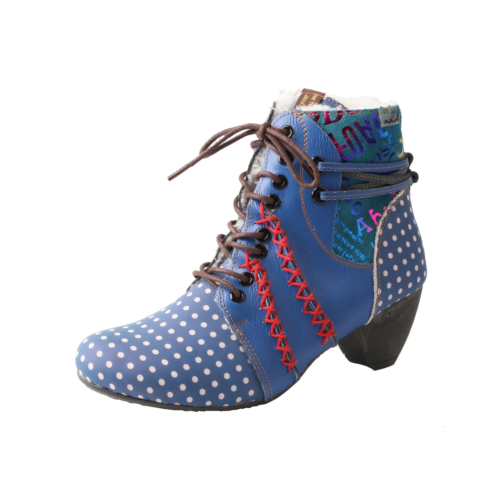 Women's Winter Ankle Boots Leather Mid Heel Lace-Up with Print