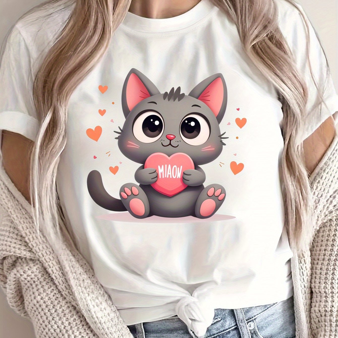 Camiseta de gran tamaño para mujer de corte holgado, algodón suave y transpirable, camiseta con gráfico de gato
