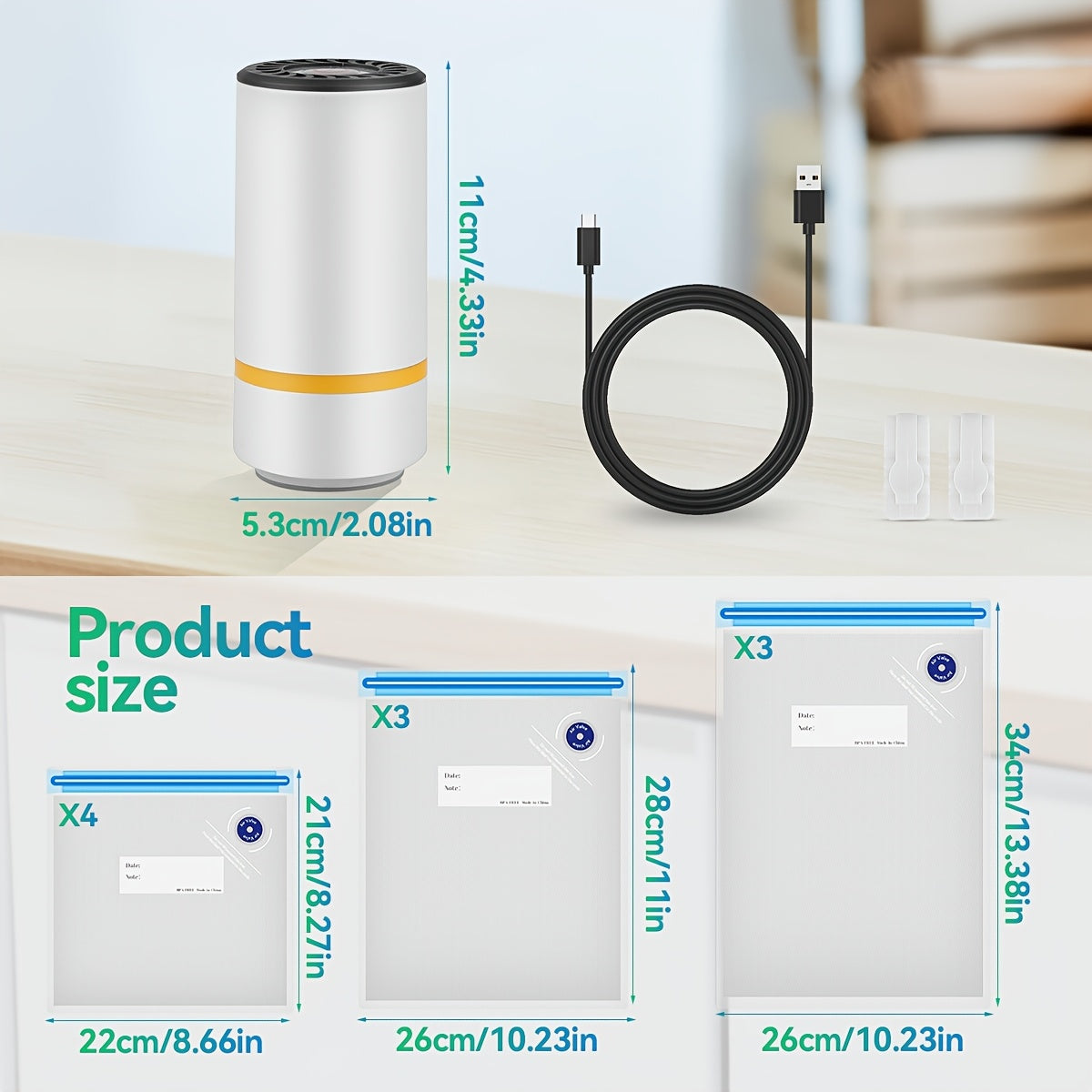 HOTU Portativ USB Qayta To'ldiriladigan Lithium Batareya Vacuum Sealerset, 3 o'lchamdagi 10 ta Qayta Ishlatiladigan Vacuum Seal Paketlari bilan, Sous Vide, Oziq-ovqatni saqlash va saqlash uchun.