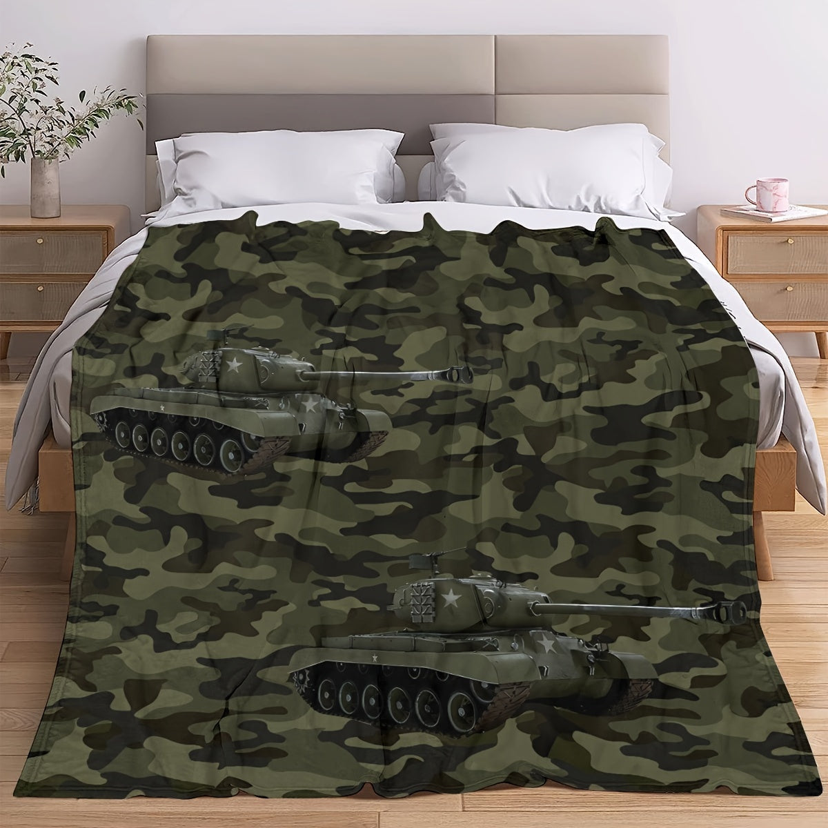 Kids Camouflage Throw Blanket Dark Green Digital Print Tank Car Bed Cover for Boys and Girls