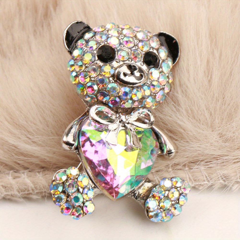 Enamel Bear Brooch with Rhinestones Animal Heart Pin Elegant Fashion Accessory