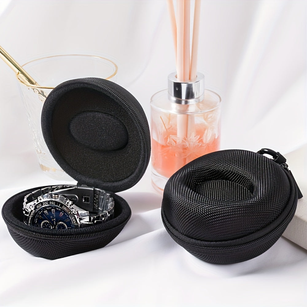 Black Round Portable Watch Case with Fabric Lining for Watches and Accessories