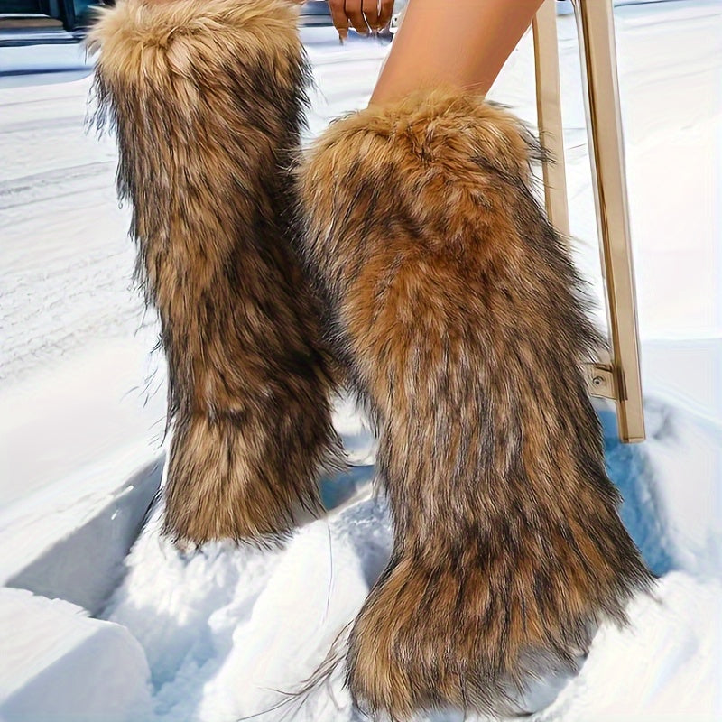 Женские зимние сапоги до колена с искусственным мехом, плоская подошва