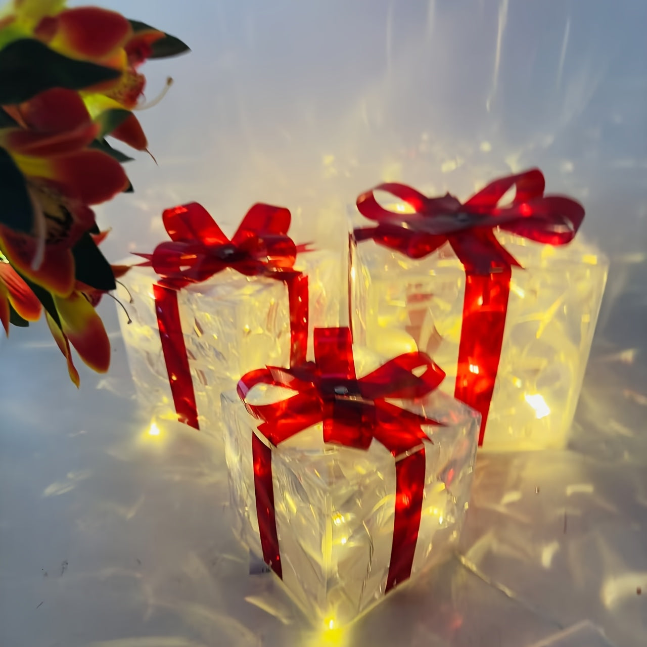Paquete de 3 cajas de regalo con luces LED y lazos rojos, decoraciones navideñas con funcionamiento a batería