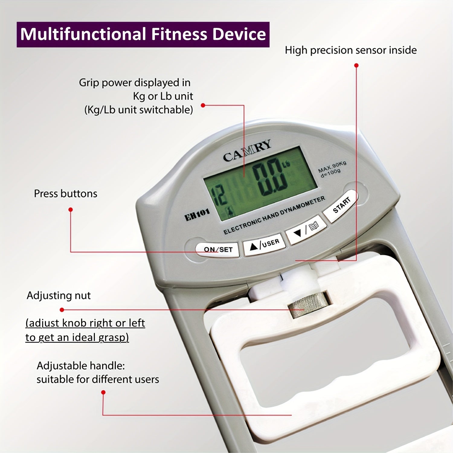 Dinámómetro digital de fuerza de agarre Medidor de fuerza de mano electrónico 198lbs