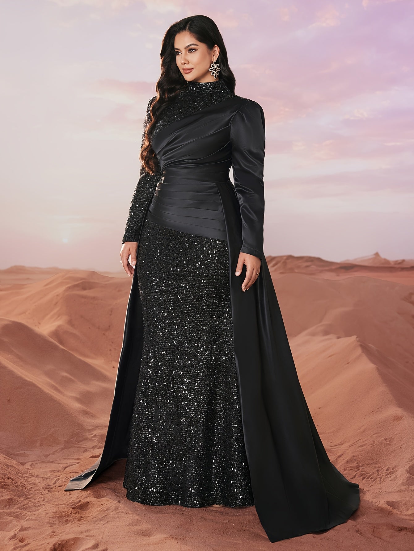 Plus Size Black Sequin Gown Satin Pleats Formal Dress for Weddings Prom