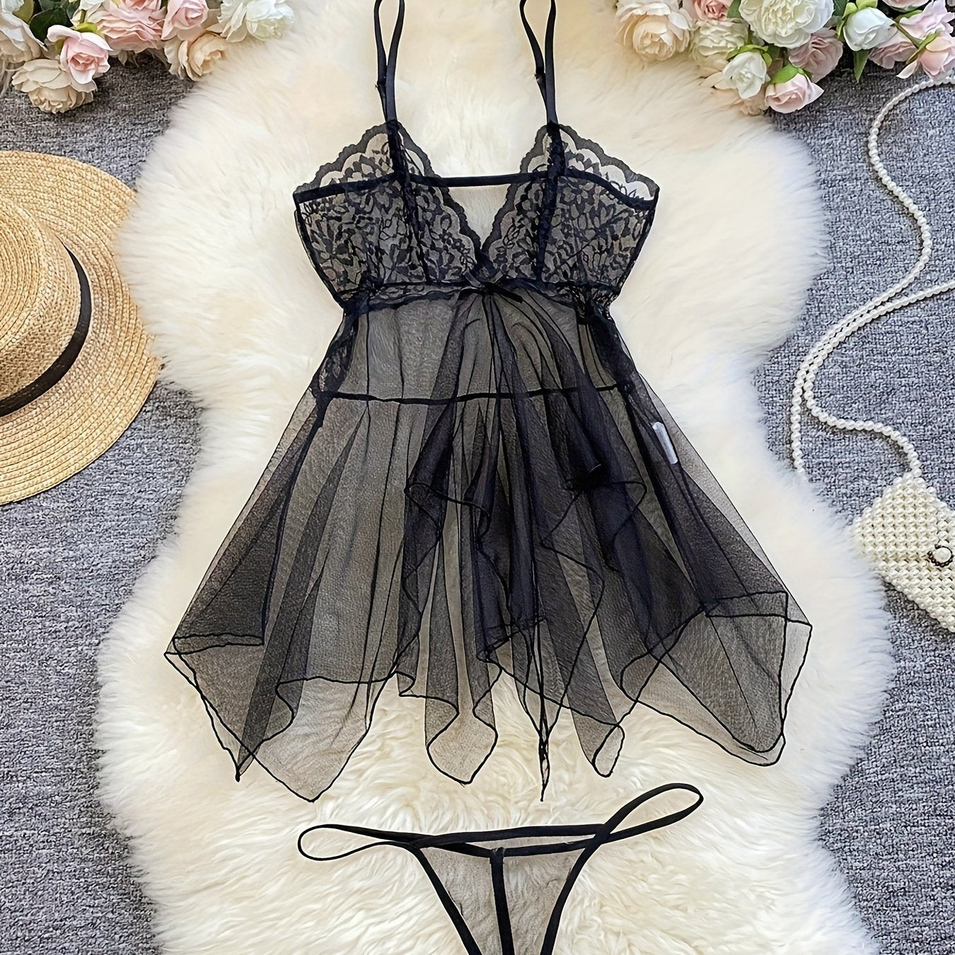 Women's Sheer Lace Lingerie Set with Bow Cami Dress and Thong