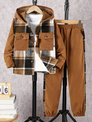 Boys Plaid Hooded Suit Fall Winter Tartan Polyester Casual Over 3 Years