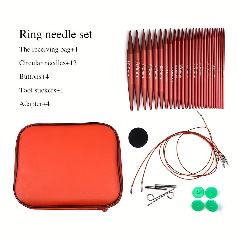 Matte Red Interchangeable Circular Knitting Needle Set 39pcs Metal with Storage Case