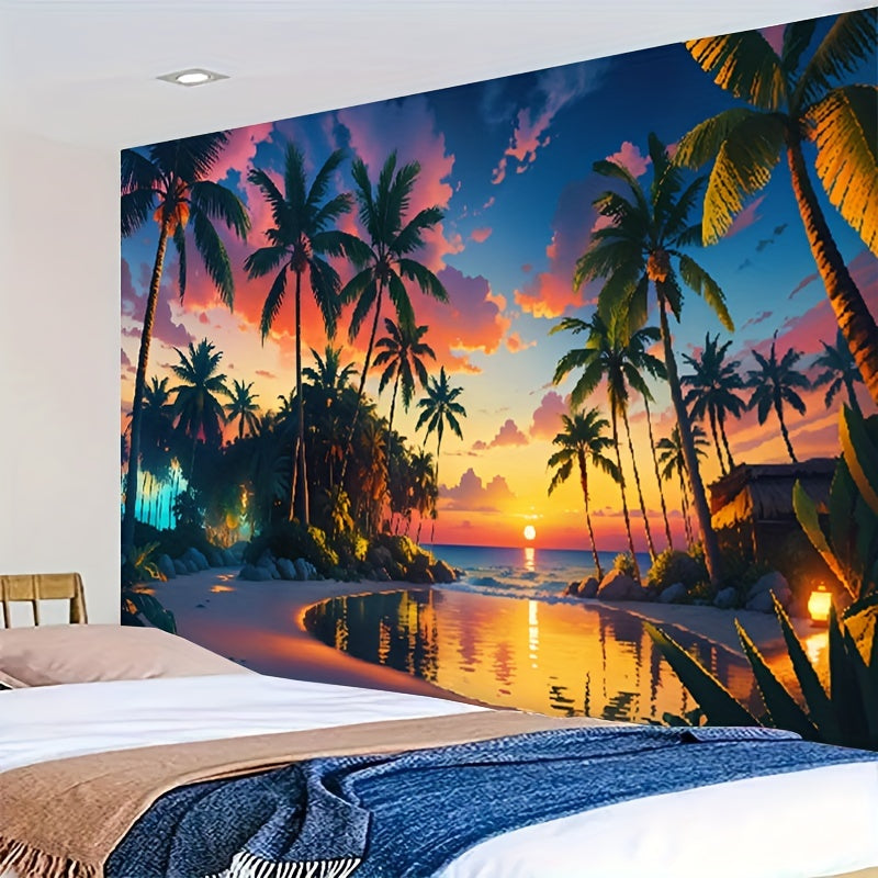 Sunset Beach Tapestry Wall Hanging with Palm Trees and Pool Polyester 8K Artwork