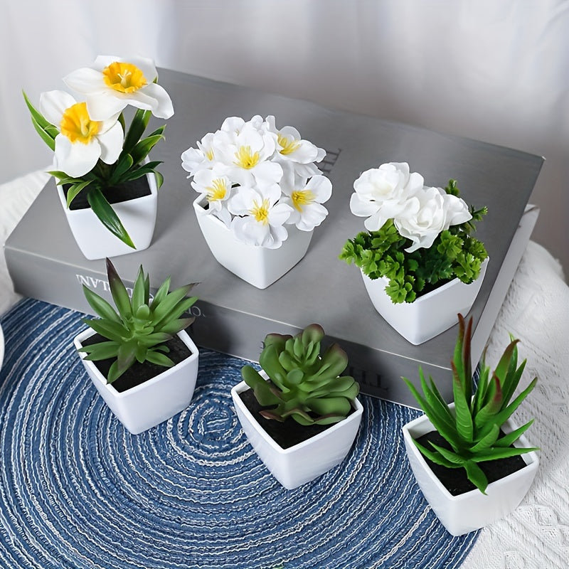 6pcs Artificial Succulents in White Pots for Home Office Decor Realistic Mini Plants