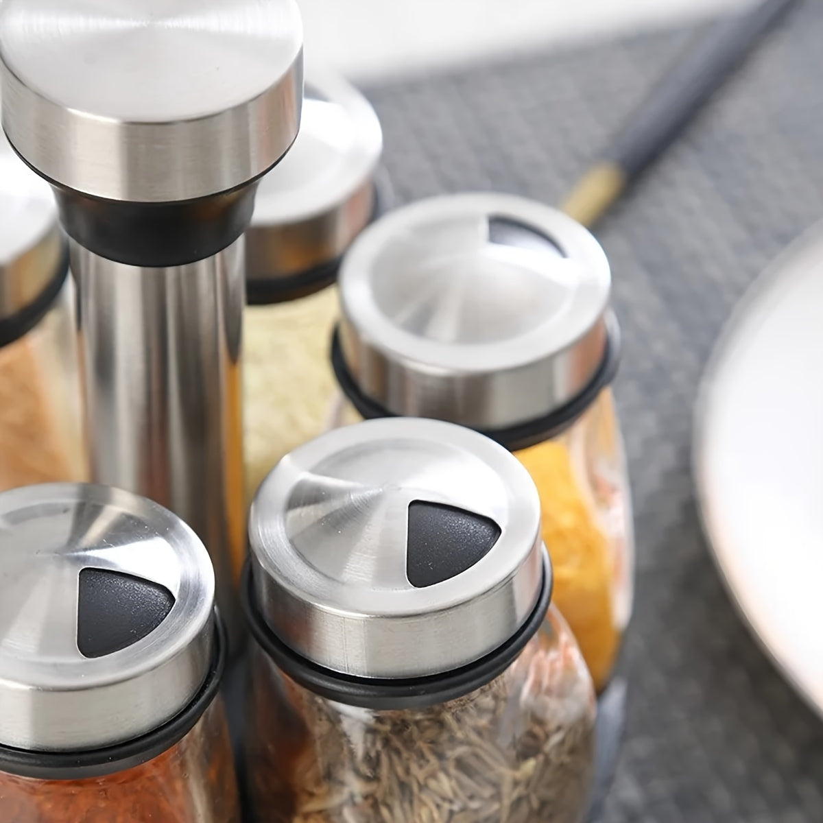 7-Piece Glass Spice Jar Set with Rotating Organizer Salt Pepper Sugar Shakers Kitchen Storage