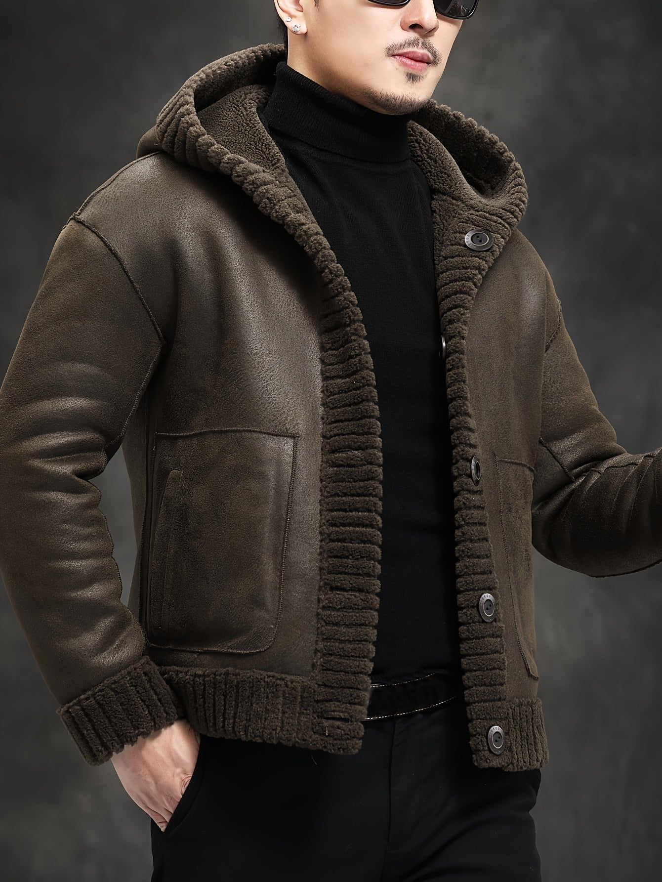 Erkaklar uchun soxta mo'yna bilan kaputli kurtka, tushirilgan yelka yenglari, shamolga chidamli va iliq, bir rangda, tugma yopilishi.