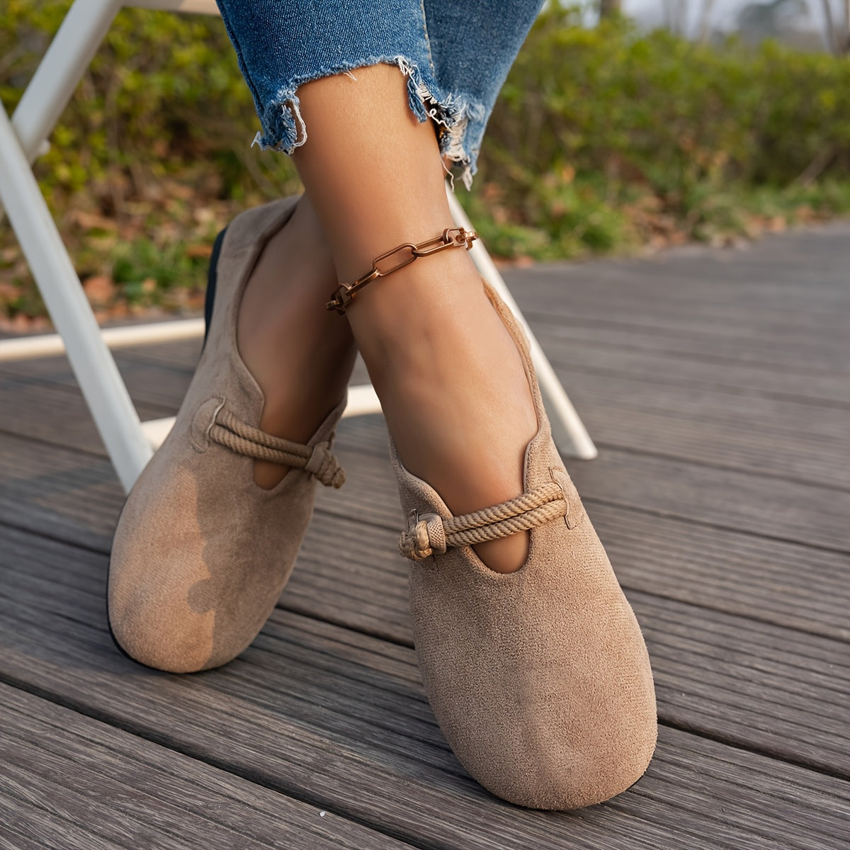 Women's Soft Sole Brown Flats, Slip-On Casual Shoes, Non-Slip Rubber