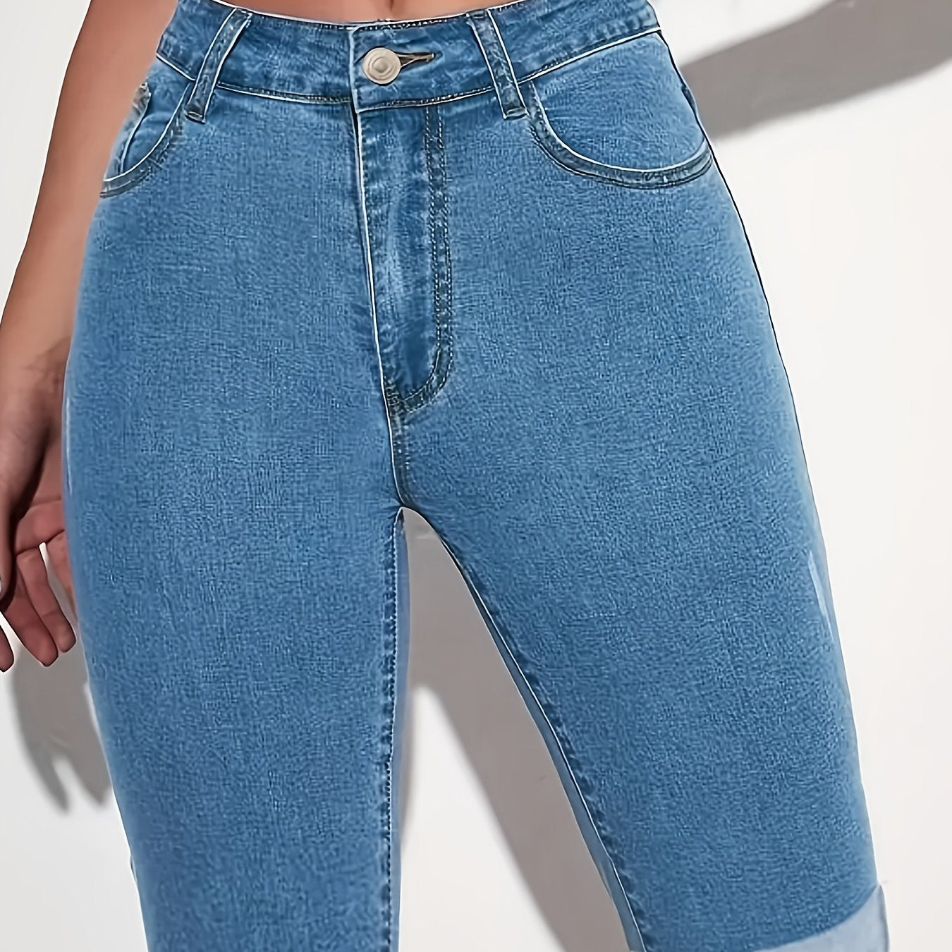 Women's Light Blue High-Waist Denim Shorts with Rolled Hem