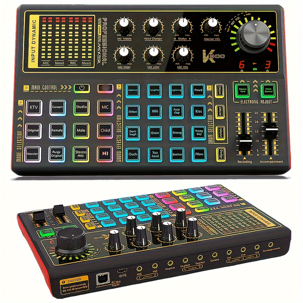 K300 Professional Sound Mixer Board with LED Voice Changer. Jonli efir, podkast, musiqa yozish va karaoke uchun ideal.