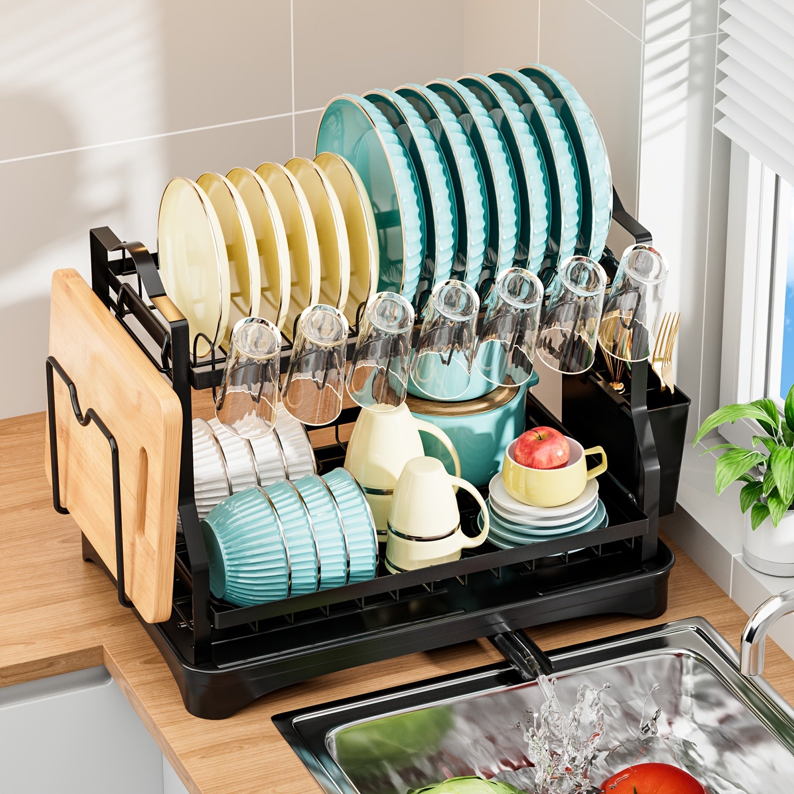 2-Tier Kitchen Organizer Rack with Drain Pan Space-Saving Dish and Utensil Storage