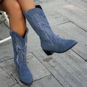 Women's Fabric Cowboy Boots Blue Floral Pattern Chunky Heel Round Toe